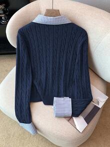 Franclia 时尚博主灵感二合一拼布针织短款开衫，欧美风海军蓝开衫毛衣粗针织开衫女式学院风毛衣海军蓝开衫领口开衫