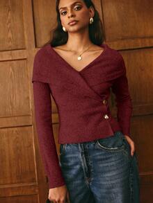 Poéselle 女士纯色长袖修身休闲针织开衫 - 酒紅色 - 查看 8