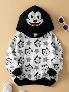 SHEIN Felix The Cat Young Girl Cute Cartoon Cat Pattern Sweatshirt, Black & White Adorable Graphic Long Sleeve Sweatshirt - Black - View 1