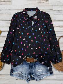 Linhara Camisa de manga larga con estampado de corazones de colores para tallas grandes - Negro - Ver 1