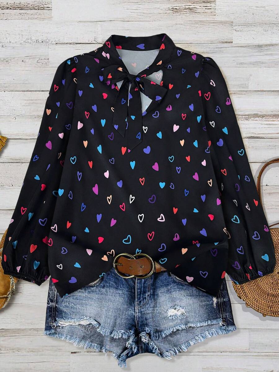 Linhara Camisa de manga larga con estampado de corazones de colores para tallas grandes - Negro - Ver 1