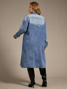 Plus 1pc Flap Pocket Ripped Denim Coat, Fall Women Clothes - Light Wash - View 2
