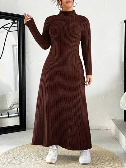SHEIN EZwear Plus Size Chocolate Brown Stand Collar Long Sleeve Casual Comfortable Ribbed Knit Dress