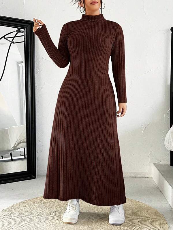 SHEIN EZwear Plus Size Chocolate Brown Stand Collar Long Sleeve Casual Comfortable Ribbed Knit Dress
