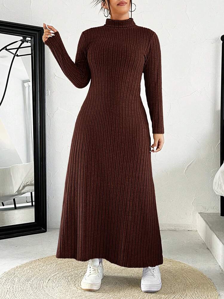 brown ribbed collar dress Turtleneck Ribbed Sweater Dress with Front Slit (Light Brown) Medium / Light Brown