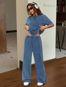 SHEIN EZwear Autumn/Winter Casual Home Round Neck Short Sleeve Straight Leg Pants Distressed Washed Loose Set - Blue - View 5