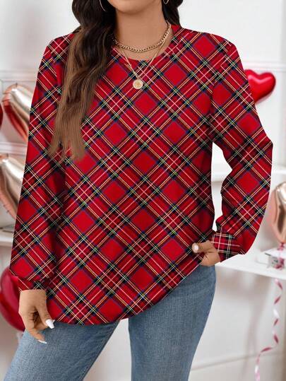 EMERY ROSE Plaid Print Casual Minimalist Plus Size Sweatshirt, Women Vest Sweatshirt Plaid Red Top,New Year,For New Year,New Year Women,Winter For Women,Winter For Women