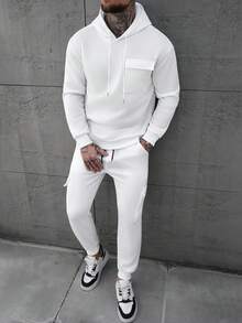 SLATEMANN 男士纯色拉链连帽衫和运动裤休闲运动服套装，秋季，秋装，舒适服装 - 白色 - 查看 1