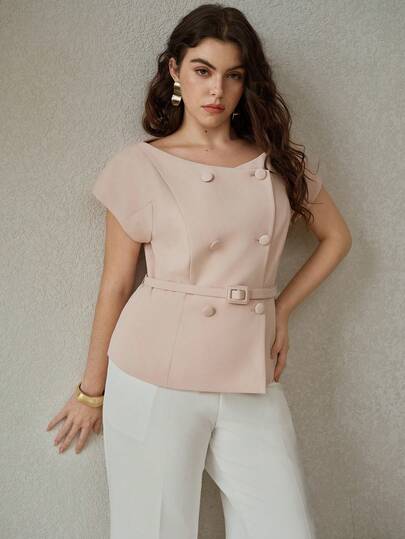 MOTF PREMIUM PLUS SIZE SPRING DOUBLE-BREASTED BELTED CAP SLEEVE BLOUSE