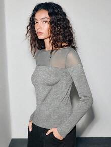 Lumivelle 女士优雅时尚简约百搭修身欧根纱半透明露肩毛衣，秋冬款 - 灰色 - 查看 5