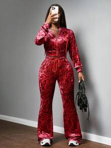 Slaydiva 2025秋冬新款音乐节假日西式游牧风生日派对毕业季学生日常街头基础百搭休闲Y2K高街辣妹连帽拉链外套+修身喇叭裤后臀热钻字母红色水波纹图案天鹅绒女式两件套，返校季，毕业季 - 紅色 - 查看 3