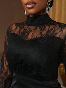 SHEIN Ladiora Women's Black Lace High Neck Lantern Sleeve Satin Waist Slit Dress - Black - View 6