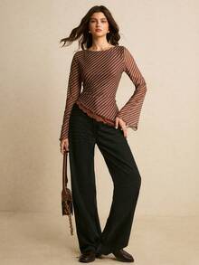 Poéselle 女士透视网纱条纹长袖T恤 – 巧克力棕色修身荷叶边下摆上衣，叠层街头风透视网纱条纹长袖棕色美学荷叶边下摆上衣，Y2K风格网纱修身T恤，休闲/办公通勤条纹印花喇叭袖褶皱修身T恤，春秋冬季女士休闲棕色上衣情人节 - 棕色 - 查看 4