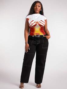 Radiana 这款大码女式性感逼真印花露脐T恤，腰部采用褶皱设计，适合日常穿着、西式休闲装、邮轮度假、音乐节、演唱会、狂欢派对、海滩度假、约会之夜、生日派对、单身派对、夜店、购物、街头风、外出等各种场合，轻松百搭，显瘦塑形，凸显身材曲线。 - 彩色 - 查看 3