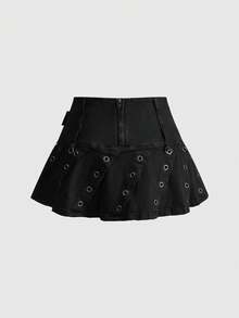 ROMWE Grunge Punk Y2K 复古做旧镂空系带褶皱超短牛仔女裙 - 黑色 - 查看 2