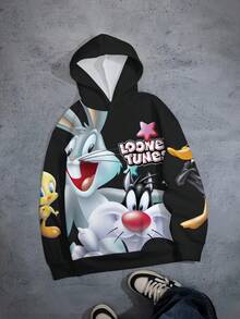 LOONEY TUNES X SHEIN Men's Casual Cartoon Rabbit Print Hoodie , Fall - White - View 6