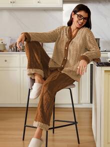 SHEIN Doze Lane 女士毛绒提花撞色开襟长袖上衣和裤子睡衣套装，家居服套装，舒适秋季睡衣套装，冬季服装，蓬松柔软 - 彩色 - 查看 5