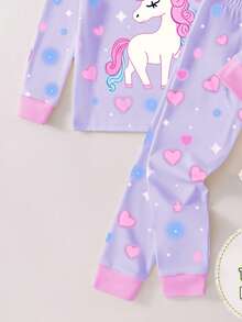 Toddler Girls  Loungewear Set Snug Fit 2-Piece Set - Blue Purple Unicorn Glow Print Long Sleeve Pajamas Set Cute Unicorn Luminous Applique Design Blue Purple Pink Dreamy Color Glow Luminous Fabric Long Sleeve Crew Neck Top Unicorn Glow Pants Combo Social Media Style Magical 2026 New Year Holiday Essential Little Girls Glow Home Set Night Clothes For Kids .This Product Requires UV Light Exposure To Glow. - Purple - View 6