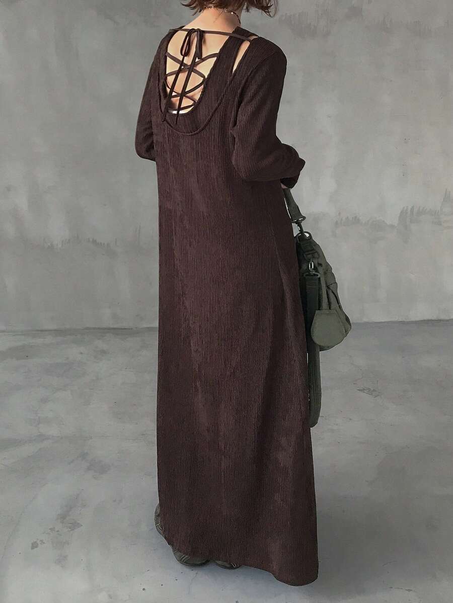 FRIFUL 女士时尚交叉露背连衣裙,适合通勤或休闲穿着 - 黑色 - 查看 1
