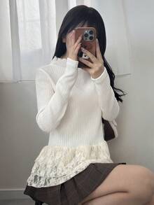 FRIFUL Women's Ruffled Collar Textured Fabric Lace Patchwork Layered Hem Long Sleeve Sweet T-Shirt - White - View 4