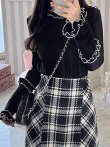 FRIFUL Áo thun nữ cổ tròn tay dài viền bèo nhún đa năng thường ngày - Xám - Xem 2