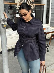 Dripcurv Women's Plus Elegant Waist Cinched Long Sleeve Shirt,Striped Blouse,Navy Blue,Autumn,Smart Casual,Everyday,Slim Fit Button Top For Business,Vacation - Navy Blue - View 7
