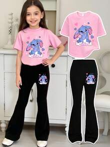 SHEIN Lovely Multicolor Round Neck T-Shirt And Pants Set For Girls In Comfortable Knit Fabric Girls Bell Bottom Outfit Girls Pant Sets Flare Pants Set Kids Kids Flare Pants Set - Multicolor - View 1