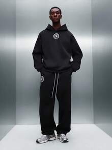 PLAYBOY X SUMWON Pullover Hoodie And Sweatpants Set With Drawstring Hood Centre Pocket Bunny Logo Print Casual Loungewear Co-Ord Set Winter Fall - Black - View 2