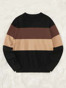 男童条纹圆领长袖休闲宽松针织衫，秋冬款