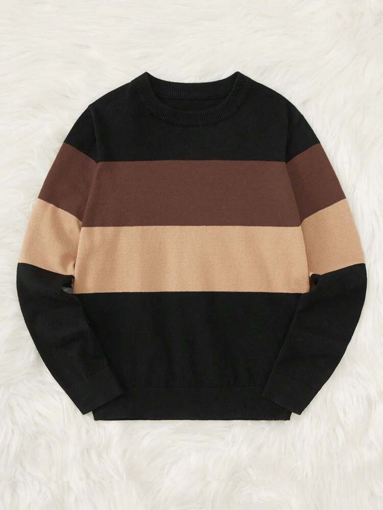 Tween Boy Striped Crew Neck Long Sleeve Casual Loose Knit Sweater, Autumn/Winter
