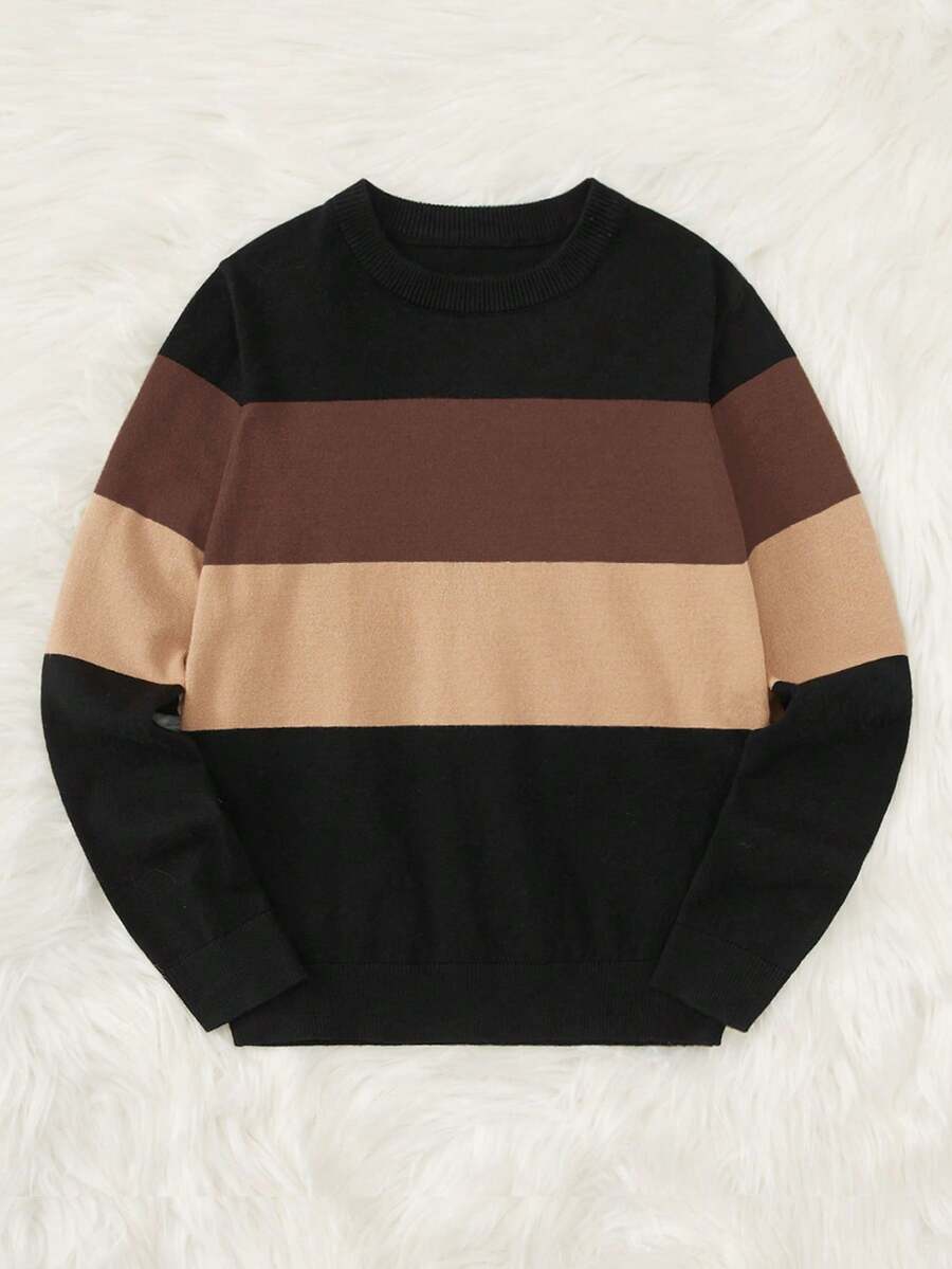 男童条纹圆领长袖休闲宽松针织衫，秋冬款