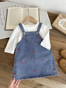 LMoss Kids 女婴樱桃图案蓝色休闲无袖牛仔背带裙 - 中等水洗藍 - 查看 3