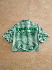 HIMLAND Men's Casual Plaid Slogan Print Short Sleeve Shirt, Summer Green Graphic Shirt Green And White Shirt Gingham Shirt Men S Boxy Shirt Plaid Shirt - Green - View 1