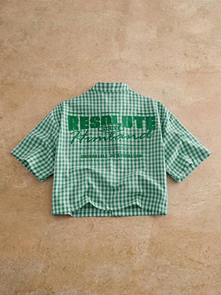 HIMLAND Men's Casual Plaid Slogan Print Short Sleeve Shirt, Summer Green Graphic Shirt Green And White Shirt Gingham Shirt Men S Boxy Shirt Plaid Shirt - Green - View 1