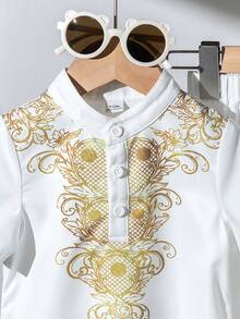 2pcs/Set Baby Boys Casual Short Sleeve White Robe & Pants Set, Robe With Slit Hem Design, Arabic Robe, Islamic Clothing, Kaftan, Saudi Arabian Attire, Boy Dress Robe, Basic Style Suitable For Spring, Summer, Autumn, Winter, Fit For 3 Months To 24 Months Baby Boys Baby Arabic Clothing Baby Boy Party Wear Arabic Dishdasha, Islamic Clothing, Kaftan, Saudi Arabian Outfit, Robe, Boys White Kurta, Boys White School Thobe, Boys Kurtas Baby Boy Traditional Clothes Baby Boy Traditional Outfit