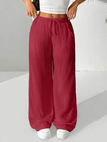 Quần vải cotton rộng rãi màu trơn thắt nút dành cho nữ - Màu Hồng Tươi - Xem 3