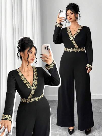 Elenzga 大码女式优雅长袖金色蕾丝拼接收腰直筒连体裤，适合日常通勤、派对、夜店穿着