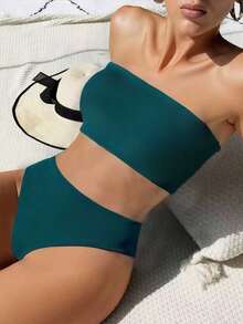 Swim Basics 2026 Special Fabric Women's Halter Backless Tie-Up Green Side High Cut 2 Pieces Bikini Swimsuit, Spring/Summer - Teal Blue - View 3