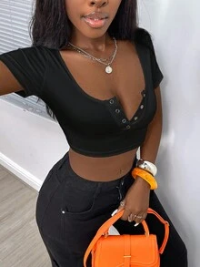 SHEIN EZwear Ladies' Summer Slim-Fit Casual Solid Front Button Cropped T-Shirt - Black - View 3