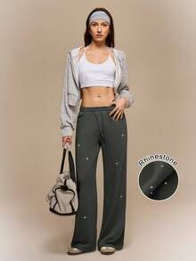 Hanevo Women's Fashion Rhinestone Embellished High Waist Drawstring Loose Fit Straight Leg Sweatpants Fall Cloth For Women - Dark Grey - View 3