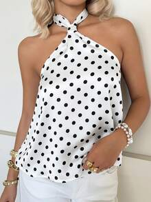 SHEIN EZwear Women's Halter Neck Tie Polka Dot Fashionable Versatile Blouse - White - View 5