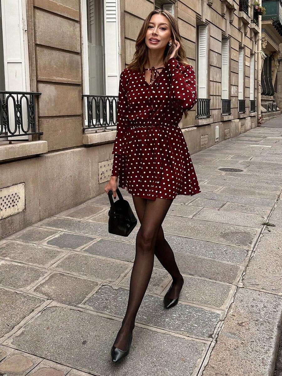 Pariaura Women's Simple Elegant Polka Dot Dress, Autumn Dress - Burgundy - View 1