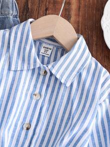 2pcs Young Girl Woven Striped Casual Shirt And Denim Pants Set - Multicolor - View 4