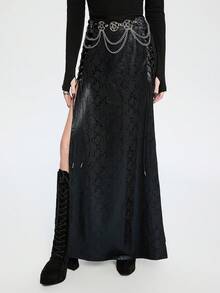 Breakform 女式哥特式性感鳄鱼压纹针织拼布装饰皮革孔眼系带高开衩裙 - 黑色 - 查看 3