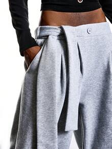 LYSMO 2025新款极简主义女士休闲加厚面料系带阔腿运动裤，秋冬季女士圣诞节新年感恩节时尚百搭系列 - 淺灰色 - 查看 7