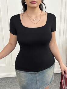 CovetEZ Plus Solid Square Neck Short Sleeve Tee - Black - View 1