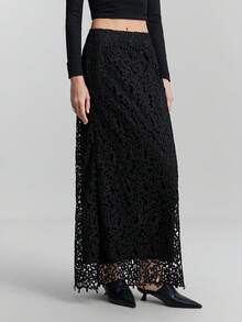 Ontre Women's Black,Autumn,Classy,Elegant,Dining Floral Lace Maxi Skirt,Textured Fabric A-Line Design,Casual Urban Chic Business Attire Office Wear,Wedding - Black - View 8