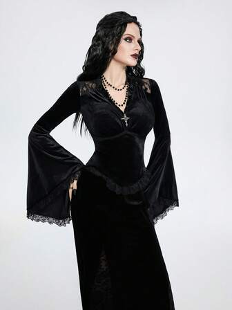 Breakform Women's Gothic Elegant Knitted Velvet Contrast Lace V-Neck Top With Metal Cross Decor, Ruffle Hem And Asymmetrical Flared Lace Cuffs, Slim Fit Blouse Suitable For Outings, Festivals, Parties And Theme Events