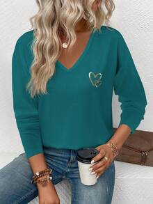 EMERY ROSE 女士休闲爱心印花V领长袖百搭T恤，秋冬款 - 水鴨藍 - 查看 3