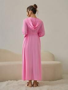 HautHeat Women's Solid Color Long Sleeve Belted Casual Robe - Pink - View 2